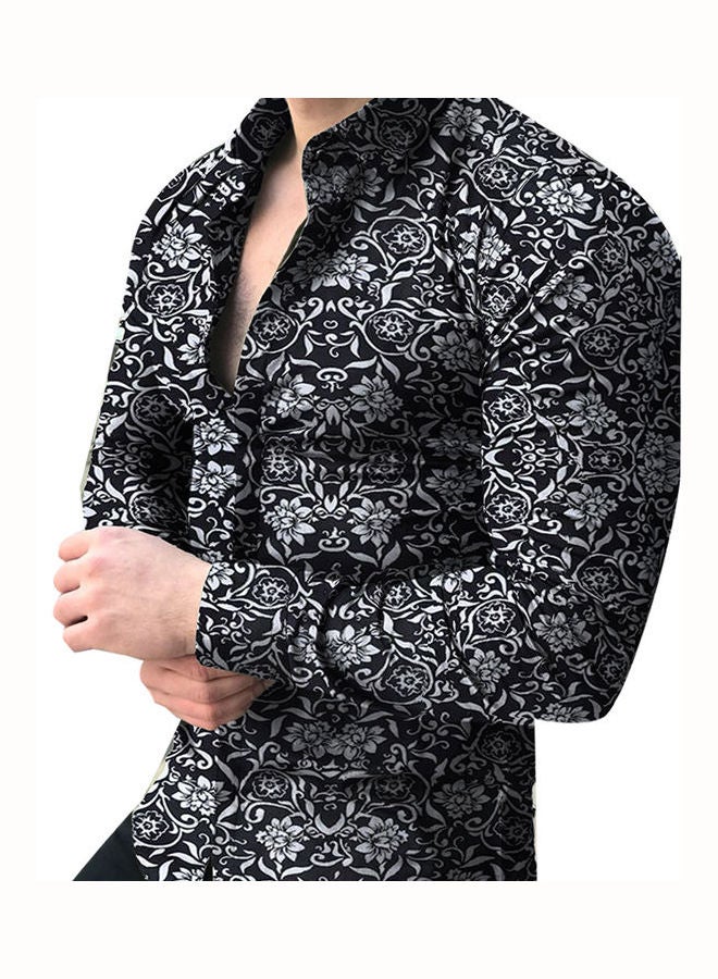 Fashion Men Floral Print Slim Fit Long Sleeve Button Turn Down Collar Shirt Top Black  - Image 1