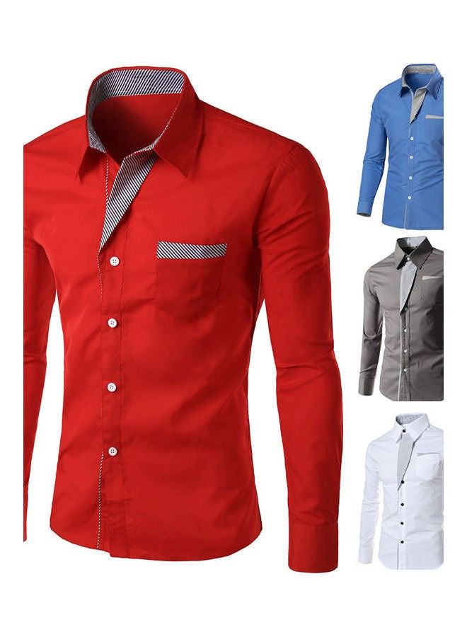 Men Colour Block Stripe Slim Fit Long Sleeve Button Turn Down Collar Shirt Top Wine Red  - Image 2