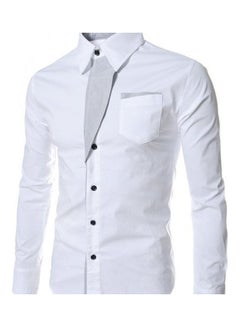 Generic Men Colour Block Stripe Slim Fit Long Sleeve Button Turn Down Collar Shirt Top White 