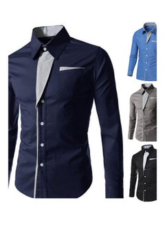 Generic Men Colour Block Stripe Slim Fit Long Sleeve Button Turn Down Collar Shirt Top Navy Blue  - Image 2