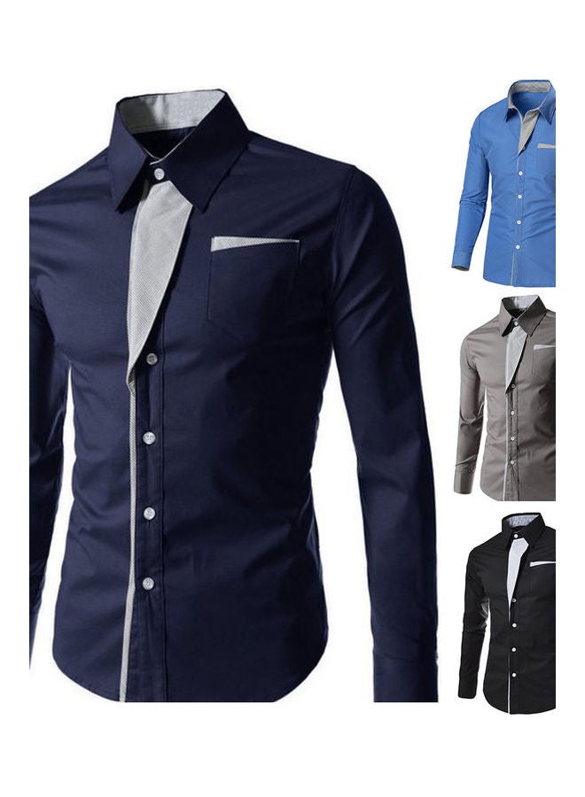 Generic Men Colour Block Stripe Slim Fit Long Sleeve Button Turn Down Collar Shirt Top Navy Blue  - Image 2