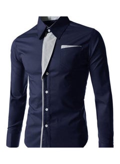 Generic Men Colour Block Stripe Slim Fit Long Sleeve Button Turn Down Collar Shirt Top Navy Blue  - Image 1