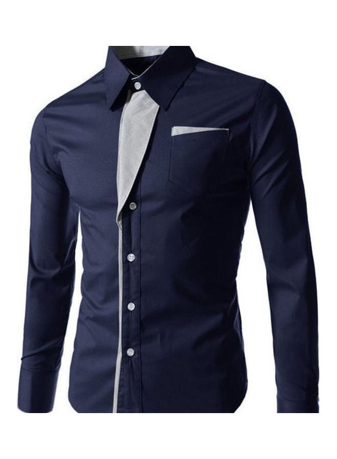 Generic Men Colour Block Stripe Slim Fit Long Sleeve Button Turn Down Collar Shirt Top Navy Blue  - Image 1