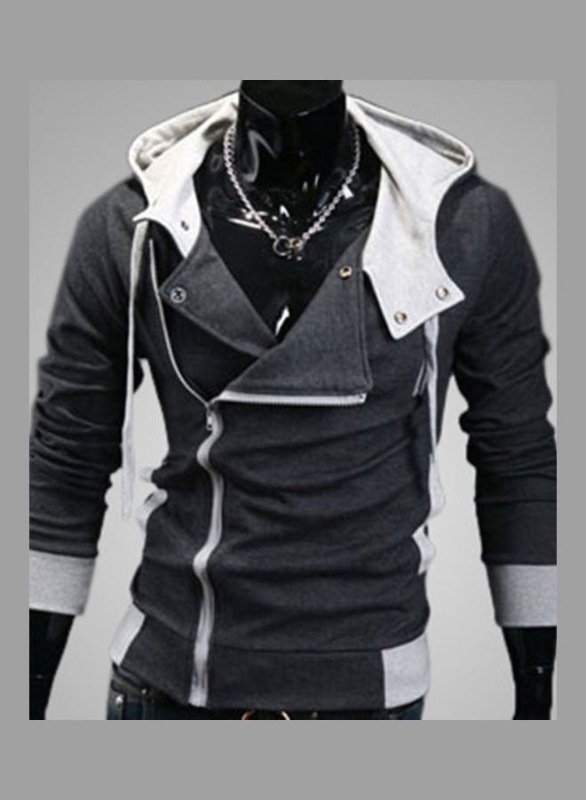 Men Side Zipper Slim Fit Drawstring Long Sleeve Sweatshirt Hooded Jacket Coat Dark Gray - Image 3