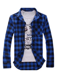 Generic Men Casual Slim Fit Plaid Print Button Long Sleeve Turn Down Collar Shirt Top Blue and Black  - Image 1