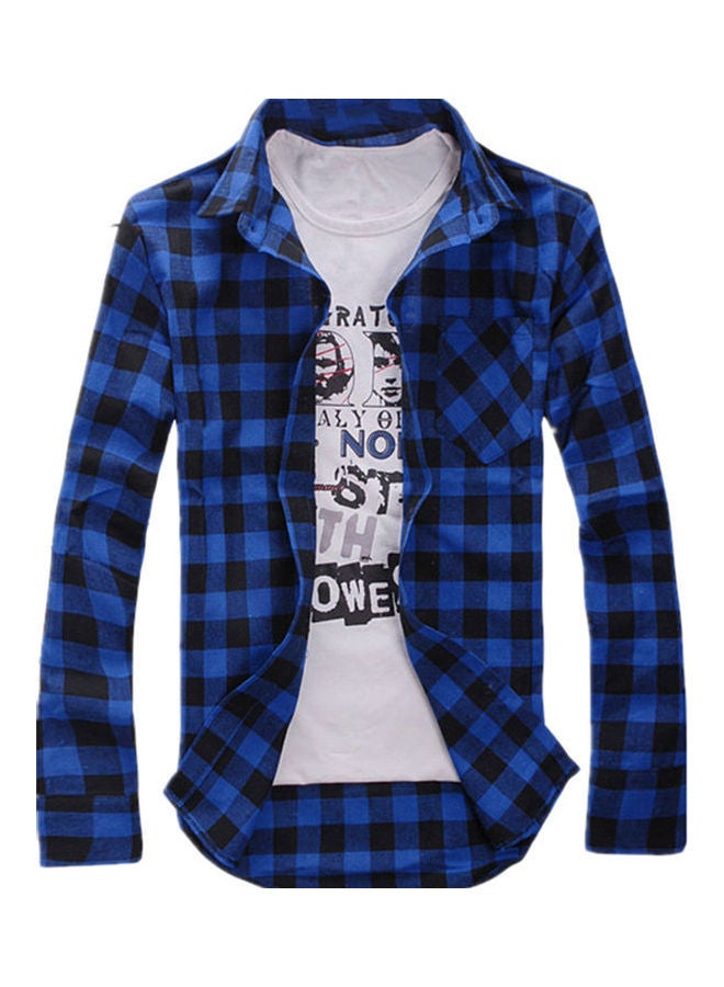 Men Casual Slim Fit Plaid Print Button Long Sleeve Turn Down Collar Shirt Top Blue and Black  - Image 1