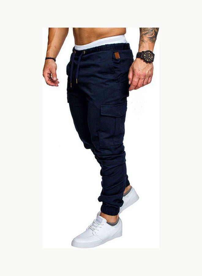 Men Elastic Casual Multi-Pocket Drawstring Sport Jogging Cargo Pants Trousers Navy Blue 
