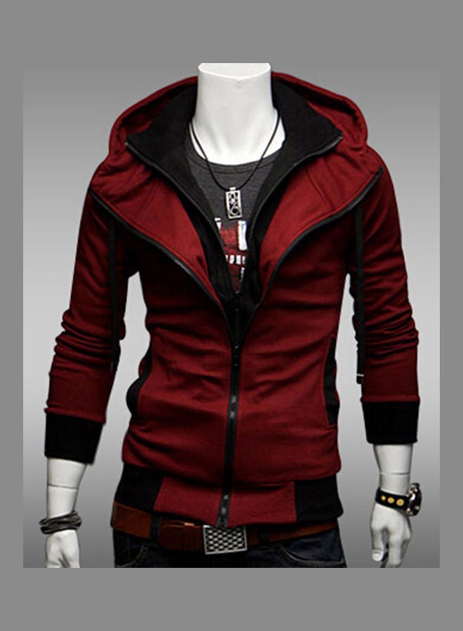 Plus Size Men Colour Block Long Sleeve Slim Fit Hooded Zipper Jacket Coat Outwear Red - Image 3