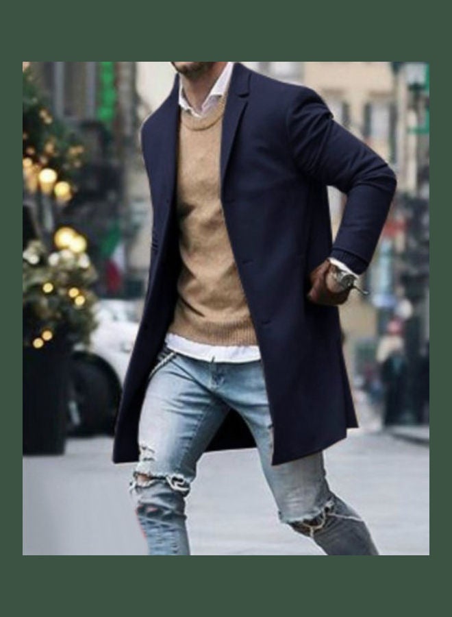 Generic - Fashion Men Winter Solid Colour Trench Coat Outwear Overcoat Long Sleeve Jacket Navy Blue - Image 1