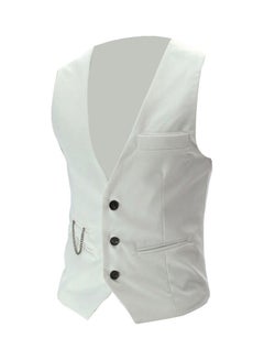 Fashion Men Solid Colour V Neck Sleeveless Button Pocket Blazer Suit Waistcoat White