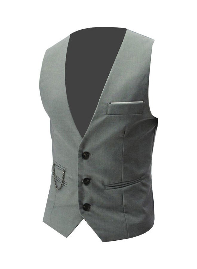 سترة عصرية للرجال بلون سادة وفتحة رقبة على شكل حرف V وبدون أكمام وأزرار رمادي فاتح - Image 1