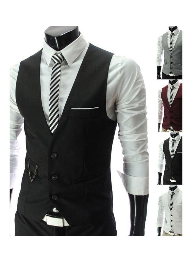 سترة عصرية للرجال بلون سادة وفتحة رقبة على شكل حرف V وبدون أكمام وأزرار أسود - Image 2