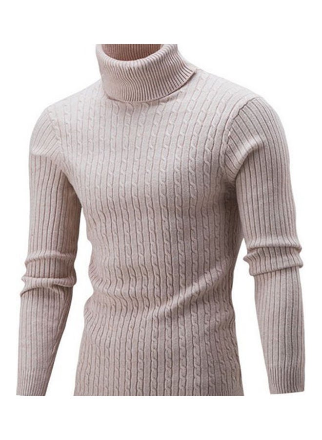 Fashion Men Turtleneck Solid Colour Long Sleeve Knitted Sweater Pullover Top Beige - Image 1