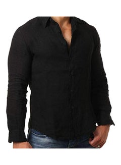 Generic Solid Colour Men Cotton Linen Fit Turn Down Collar Long Sleeve Top Black  - Image 1