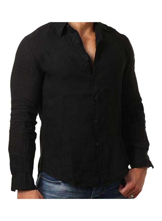Solid Colour Men Cotton Linen Fit Turn Down Collar Long Sleeve Top Black  - Image 1