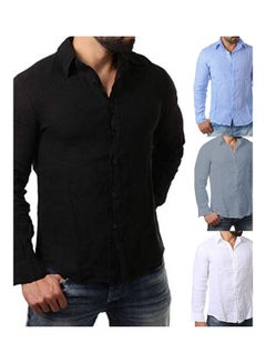 Generic Solid Colour Men Cotton Linen Fit Turn Down Collar Long Sleeve Top Black  - Image 2