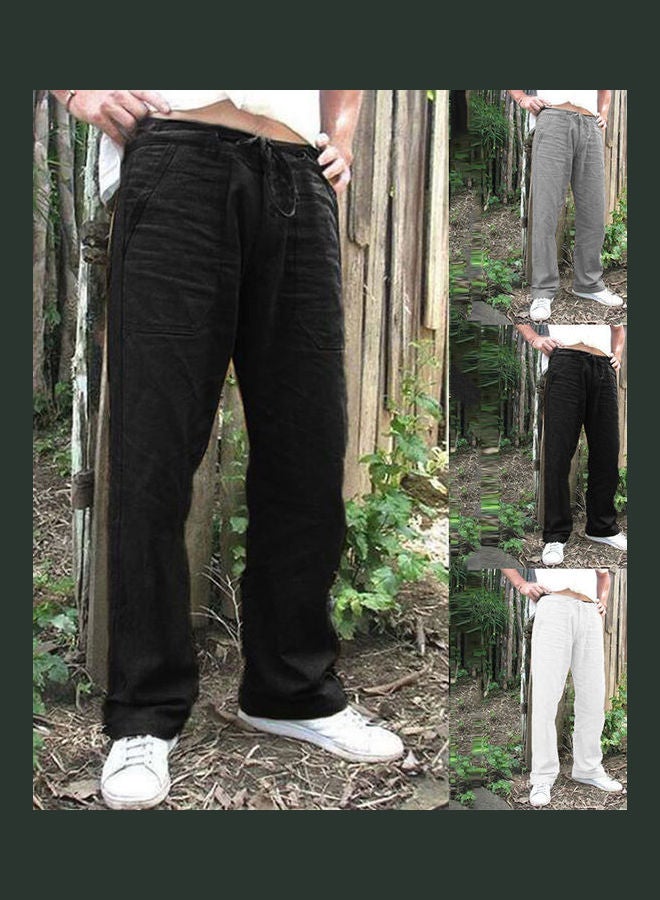 Men Solid Colour Multi-Pocket Loose Elastic Drawstring Straight Trousers Jog Pants Black  - Image 2