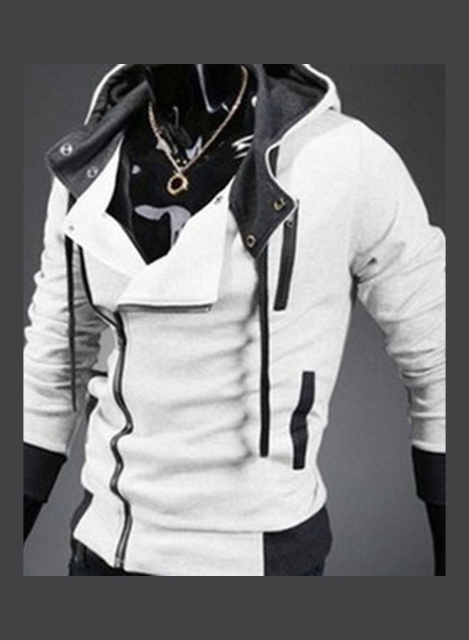 Side Zipper Pocket Drawstring Long Sleeve Jacket Black/White - Image 2