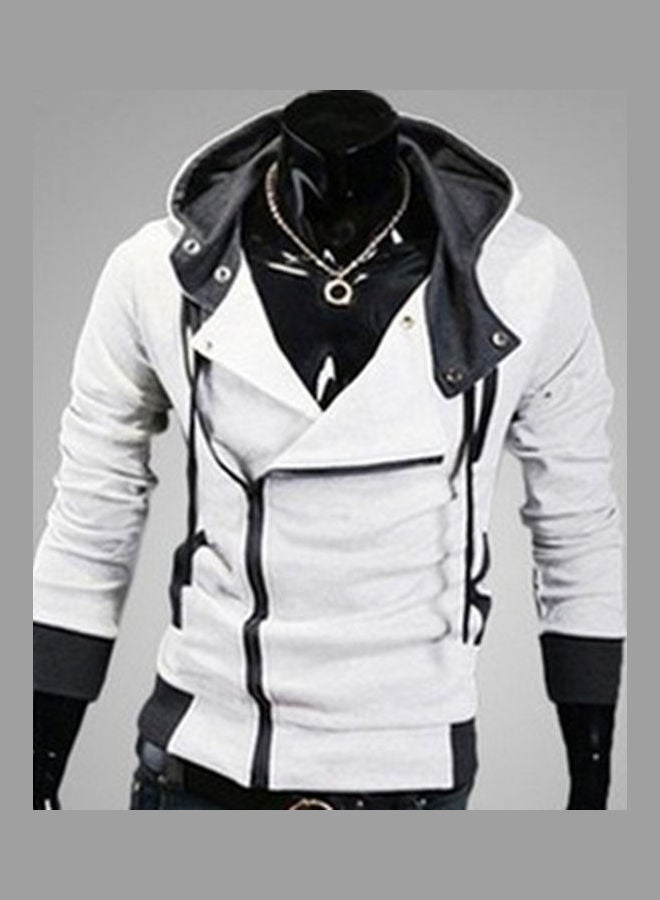 Side Zipper Pocket Drawstring Long Sleeve Jacket Black/White - Image 1