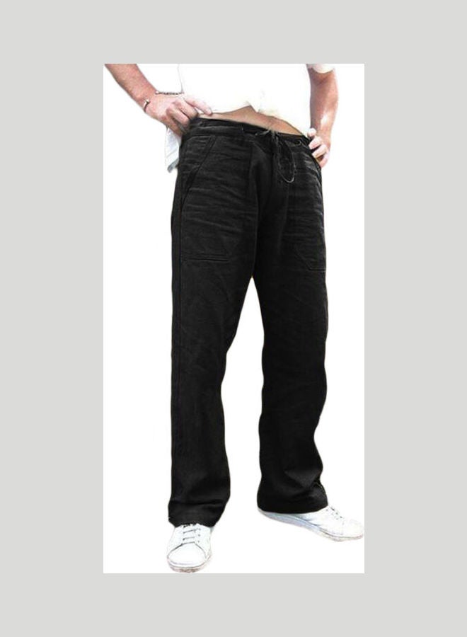 Men Solid Colour Multi-Pocket Loose Elastic Drawstring Straight Trousers Jog Pants Black  - Image 3