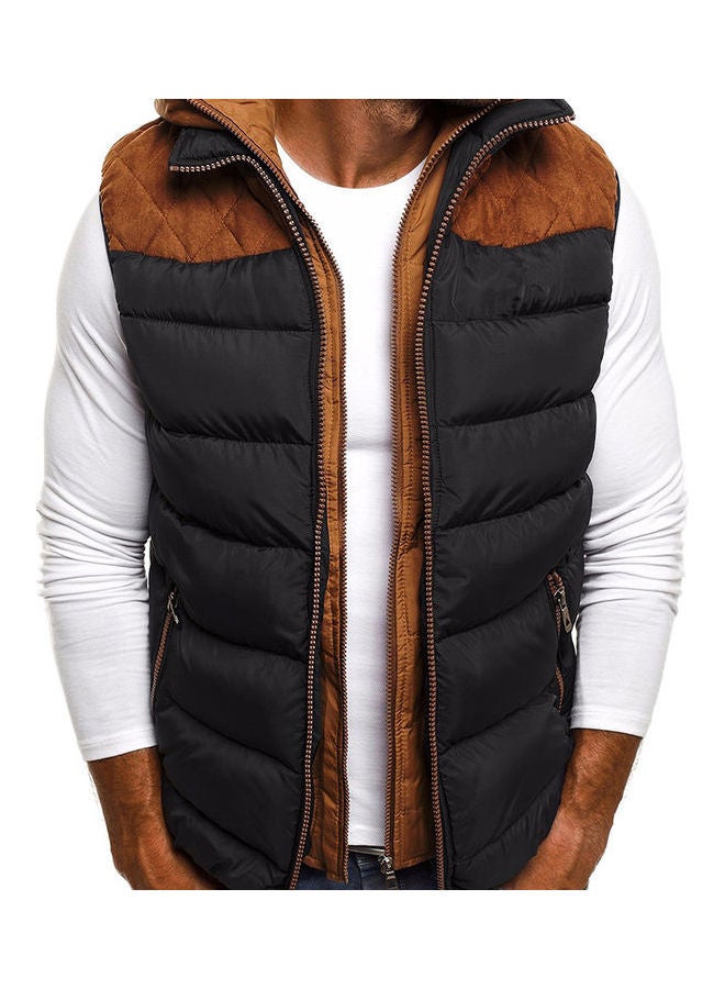 Block Zipper Pocket Sleeveless Hooded Cotton Jacket Vest Coat Black/Brown 