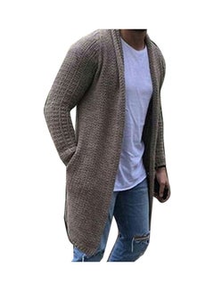 Fashion Men Solid Colour Open Front Knit Sweater Coat Loose Pocket Long Cardigan Khaki