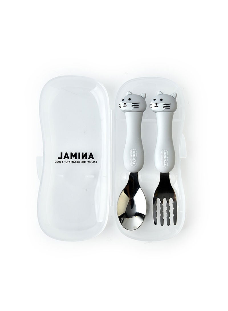 2-Piece Toddler Utensils Spoon And Folk Set With Travel Case Grey 17.5x3x8cm