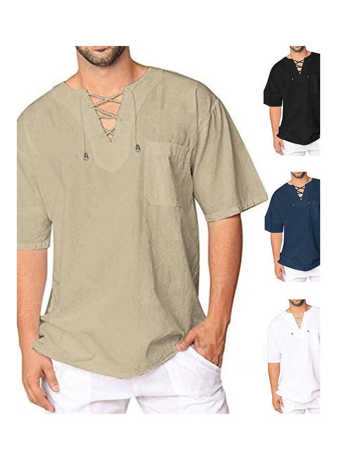 Men Fashion Solid Colour Short Sleeve Bandage V Neck T-Shirt Baggy Blouse Top Khaki - Image 2