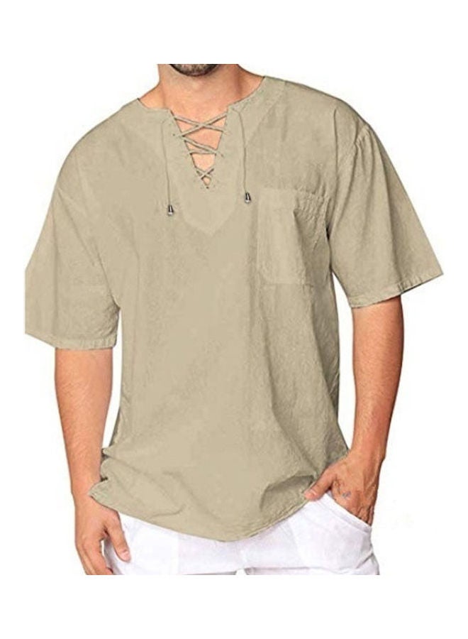 Men Fashion Solid Colour Short Sleeve Bandage V Neck T-Shirt Baggy Blouse Top Khaki - Image 1