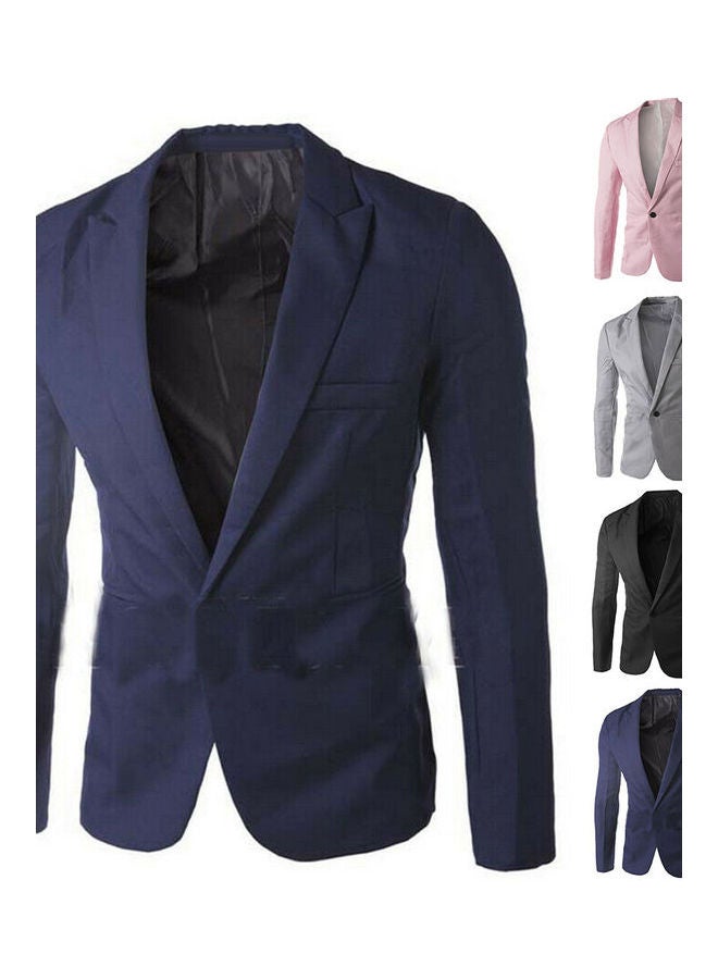 Generic - Men Solid Colour Long Sleeve Lapel One Button Pocket Blazer Slim Fit Suit Coat Navy Blue - Image 1