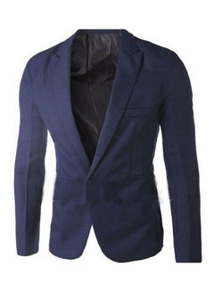 Men Solid Colour Long Sleeve Lapel One Button Pocket Blazer Slim Fit Suit Coat Navy Blue