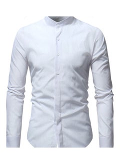 Generic Business Men Solid Colour Stand Collar Button Down Long Sleeve Slim Fit  Shirt White  - Image 1