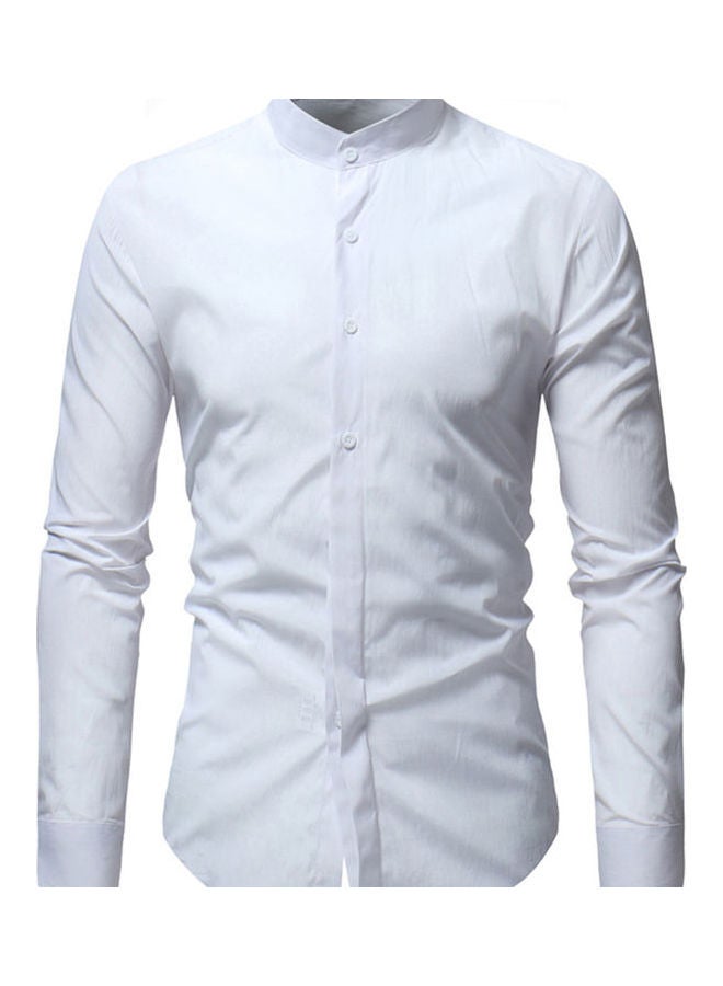 Business Men Solid Colour Stand Collar Button Down Long Sleeve Slim Fit  Shirt White - Image 1