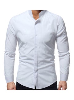 Generic Business Men Solid Colour Stand Collar Button Down Long Sleeve Slim Fit  Shirt White  - Image 2
