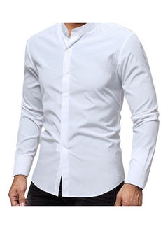 Generic Business Men Solid Colour Stand Collar Button Down Long Sleeve Slim Fit  Shirt White  - Image 3