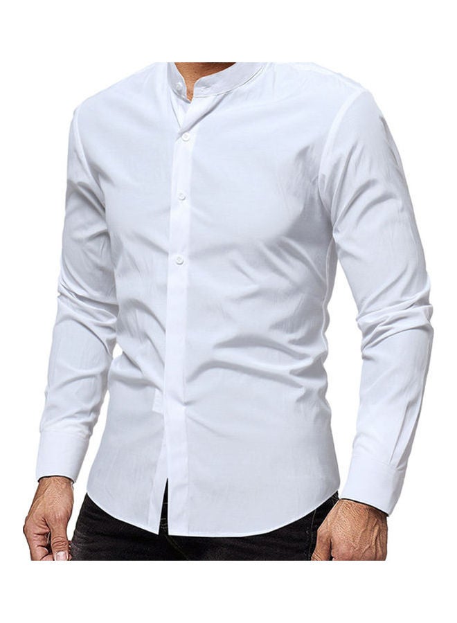Business Men Solid Colour Stand Collar Button Down Long Sleeve Slim Fit  Shirt White - Image 3