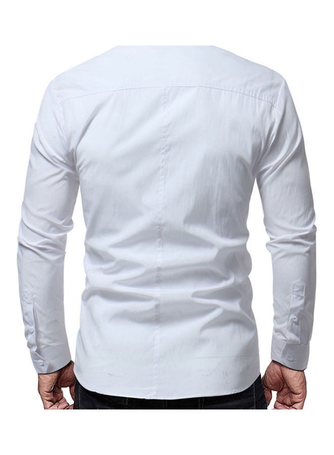 Business Men Solid Colour Stand Collar Button Down Long Sleeve Slim Fit  Shirt White - Image 4