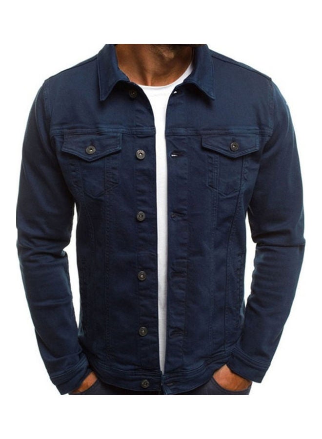 Fashion Men Solid Colour Long Sleeve Button Down Lapel Multi Pockets Demin Jacket Navy Blue