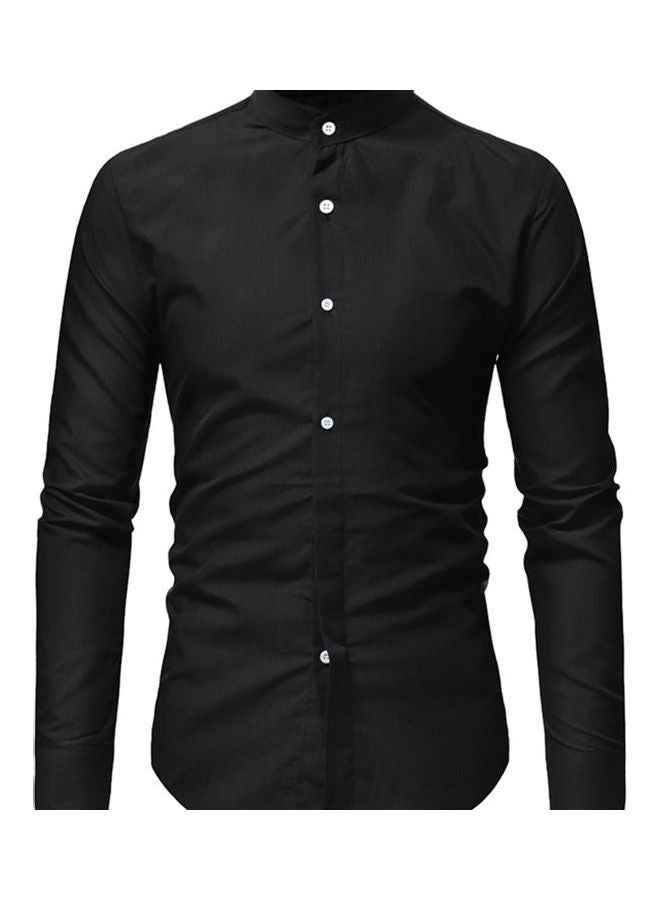 قميص رجالي عملي بقصة ضيقة وبأكمام طويلة وزر سفلي، سادة وبياقة واقفة أسود