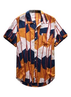 Summer Beach Men Colour Block Striped Short Sleeve Shirt Button Down Top Multicolour
