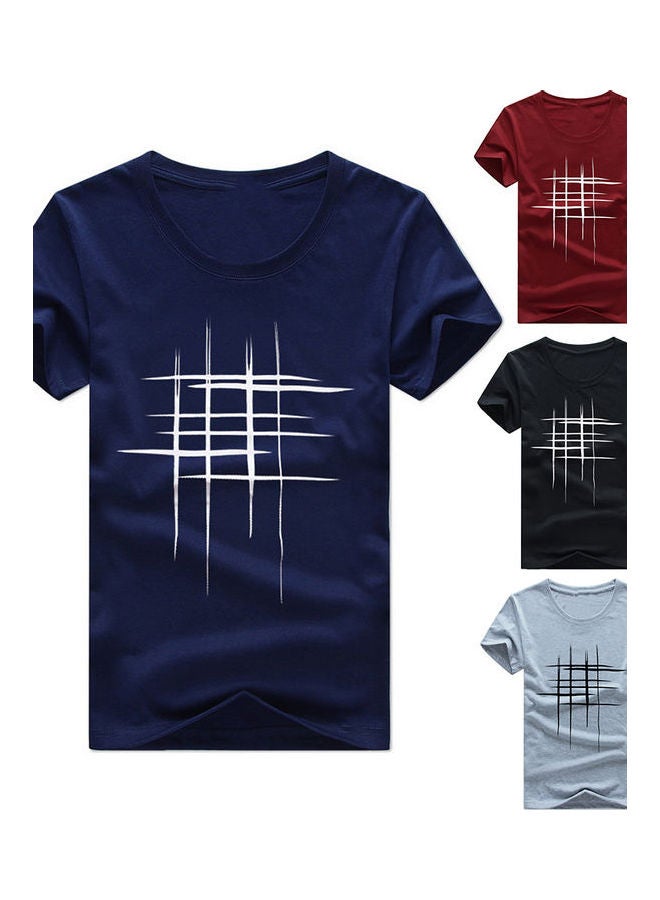 Creative Line Cross Printed Tee Top Women Summer Short Sleeve O Neck T-Shirt Navy Blue  - Image 2