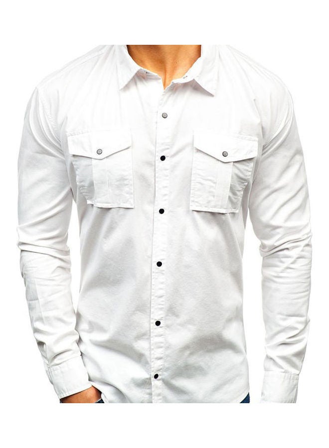 Men Solid Colour?Multi-Pockets Slim Fit Long Sleeve Turn Down Collar Shirt Top White 