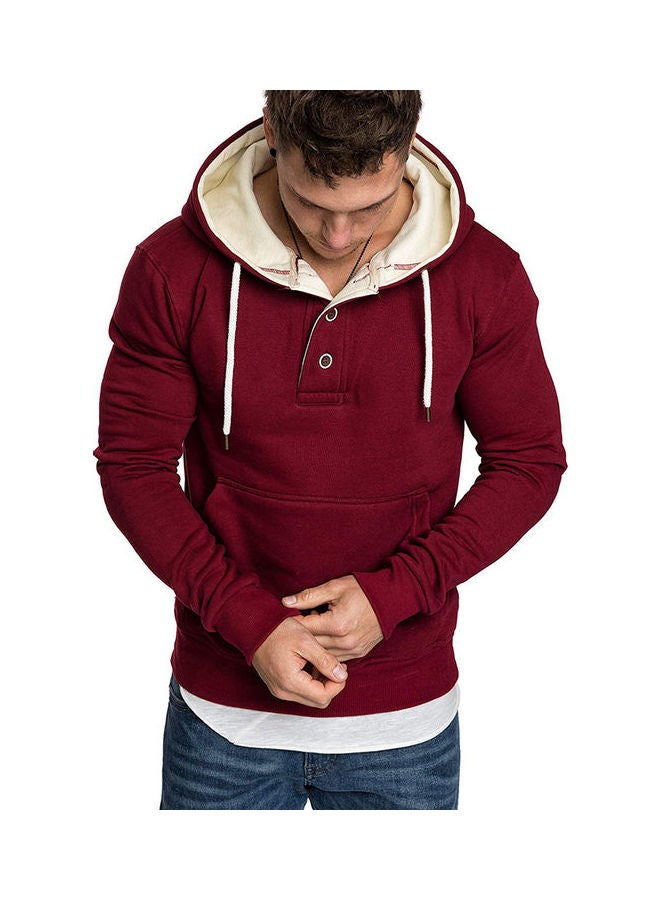 Fashion Men Loose Long Sleeve Pocket Button Sport Drawstring Hooded Sweatshirt Red  - Image 4