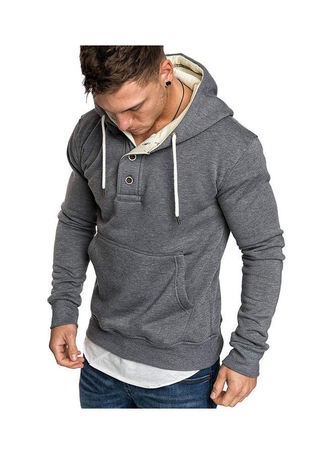 Fashion Men Loose Long Sleeve Pocket Button Sport Drawstring Hooded Sweatshirt Dark Gray - Image 1