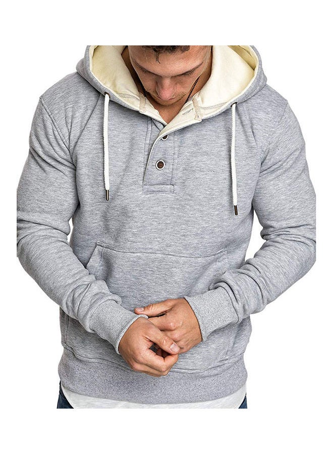 Fashion Men Loose Long Sleeve Pocket Button Sport Drawstring Hooded Sweatshirt Dark Gray - Image 3