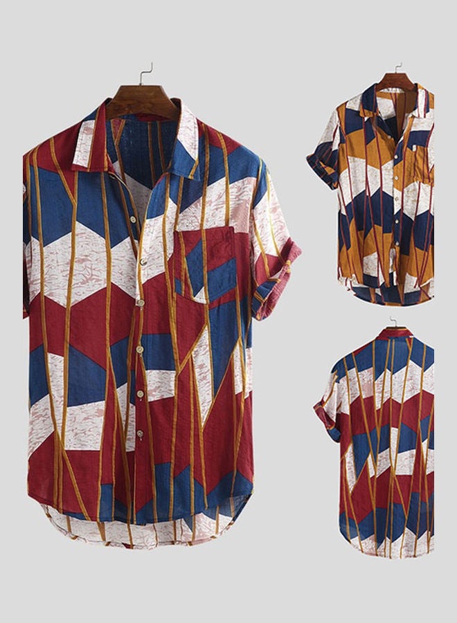 Hawaiian Summer Beach Men Colour Block Striped Short Sleeve Shirt Multicolour - Image 2