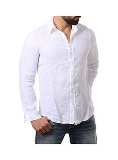 Solid Colour Men Cotton Linen Shirt White