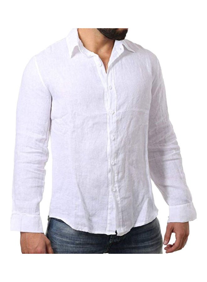 Generic - Solid Colour Men Cotton Linen Shirt White - Image 1