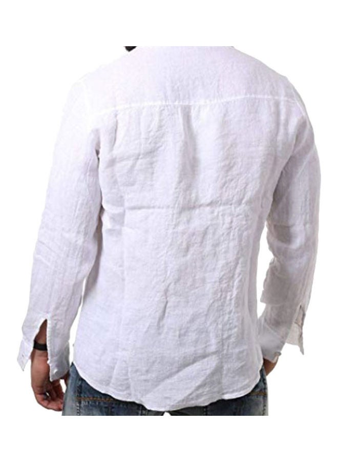 Generic - Solid Colour Men Cotton Linen Shirt White - Image 1