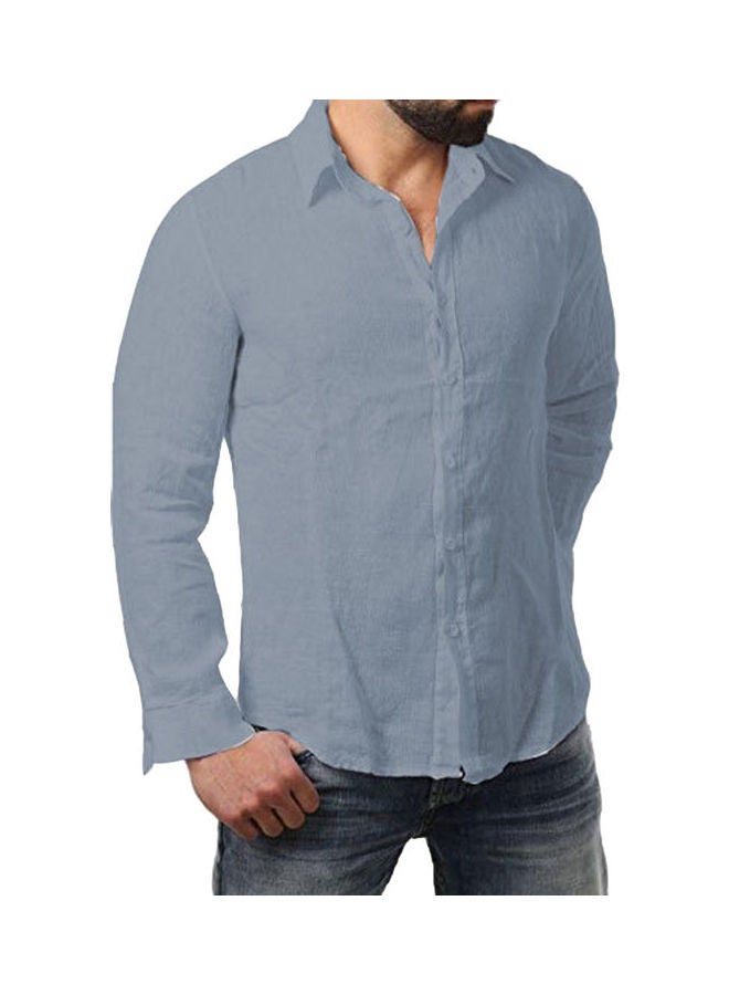 Solid Colour Men Cotton Linen Shirt Slim Fit Turn Down Collar Long Sleeve Top Grey 